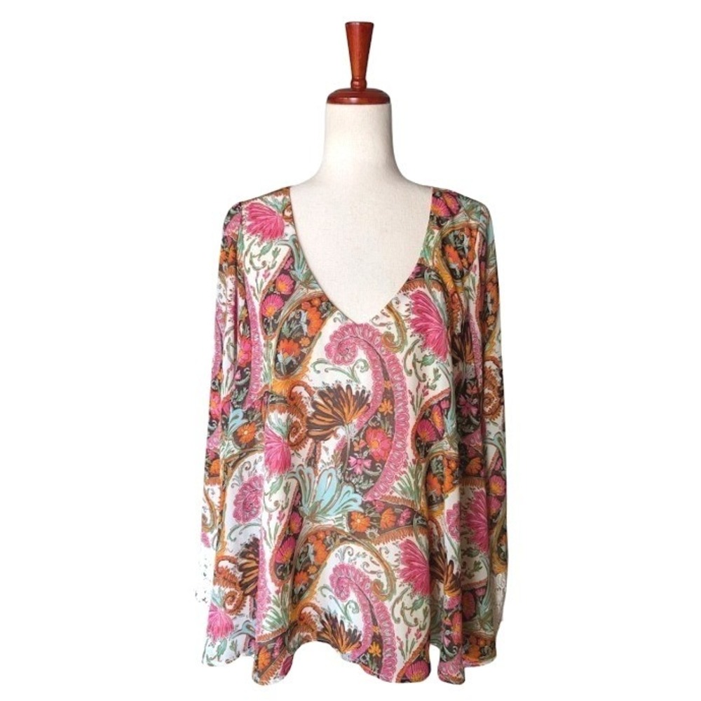 Show Me Your Mumu Mal Top Womens Medium Paisley V-Neck Lace Cuff Tunic Size Med